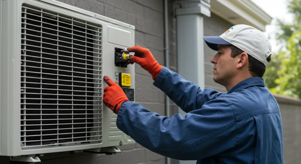 A person wearing blue shirt and white cap with red gloves is maintaining an AC system