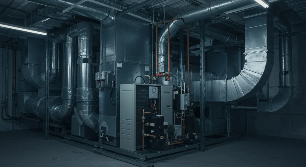 Large commercial HVAC system in mechanical room.