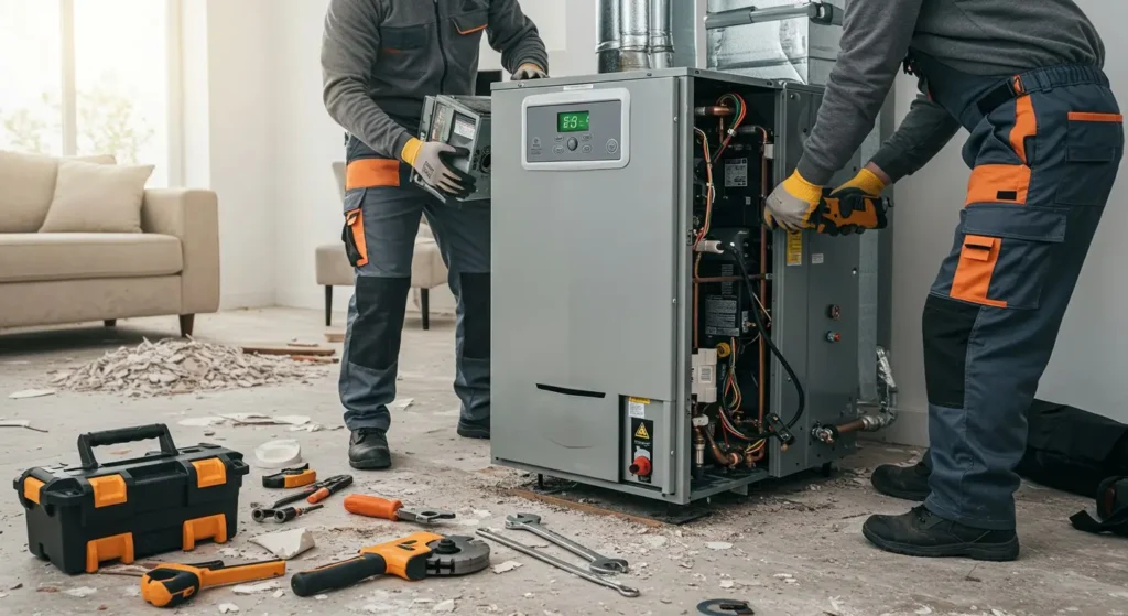 Heating HVAC technicians installing a new furnace.