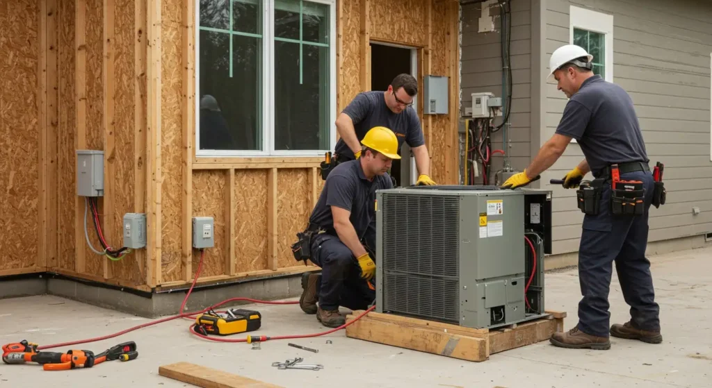Contractors installing an outdoor HVAC unit.