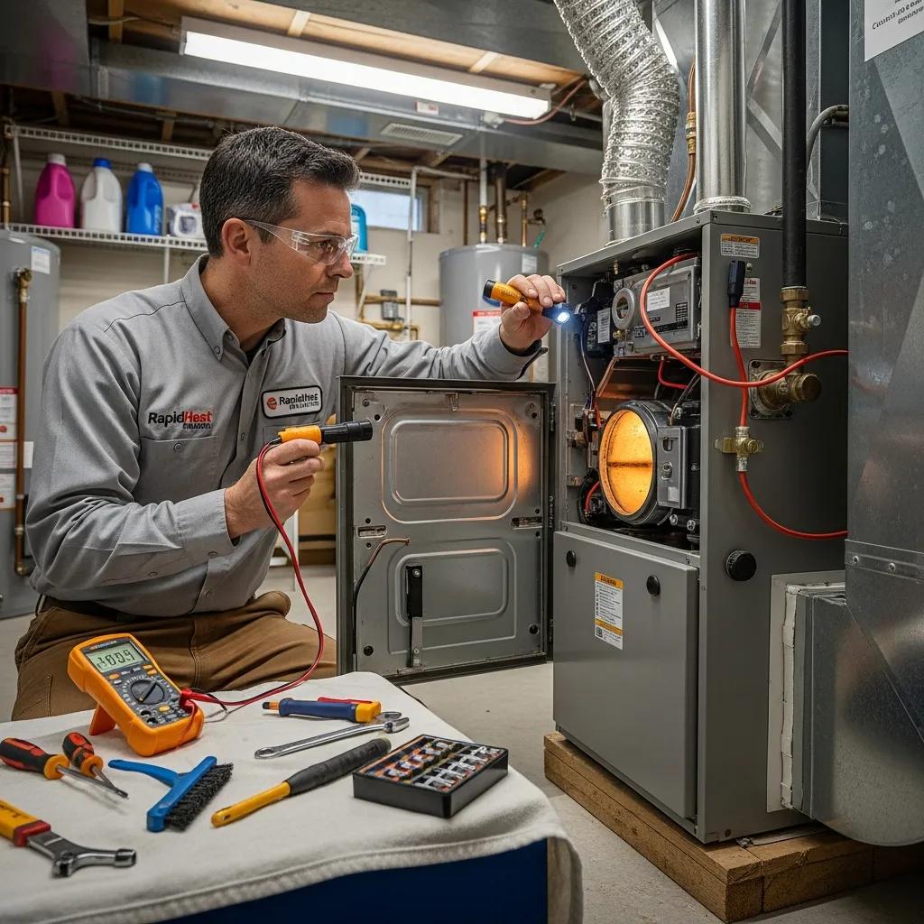 Immediate 24/7 Emergency Heating Repair You Can Trust Technician running diagnostics on a furnace during an emergency service call
