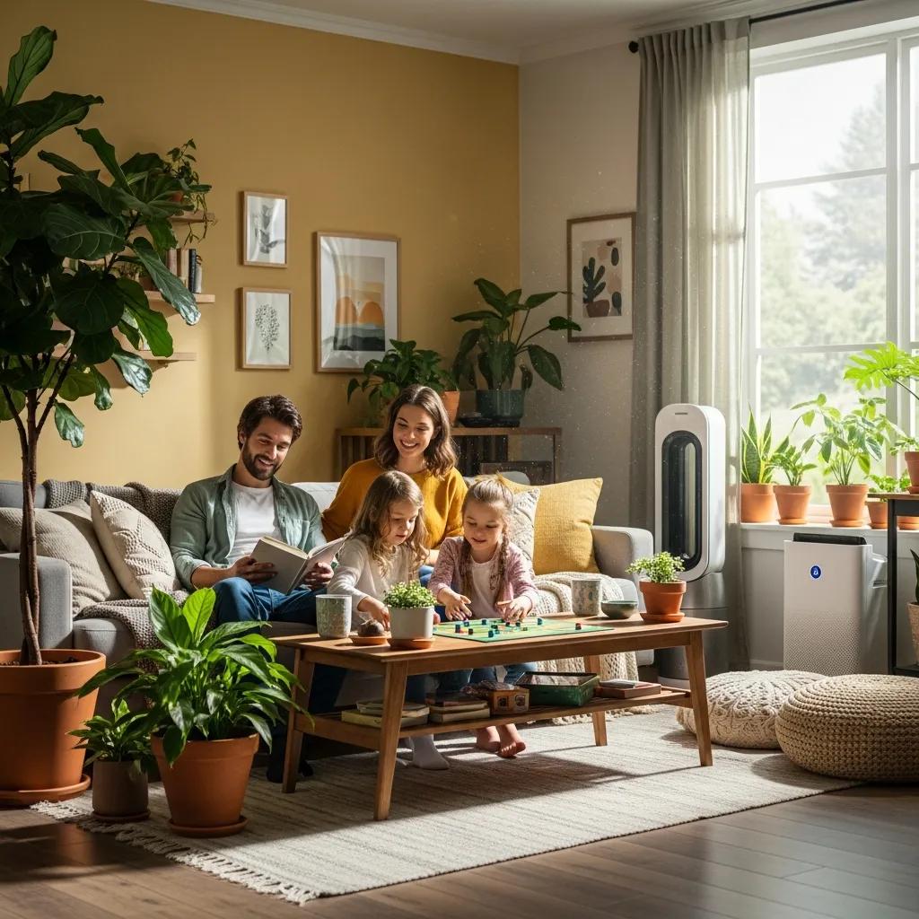 HVAC Blog Family enjoying clean indoor air in a bright living room with plants and an air purifier