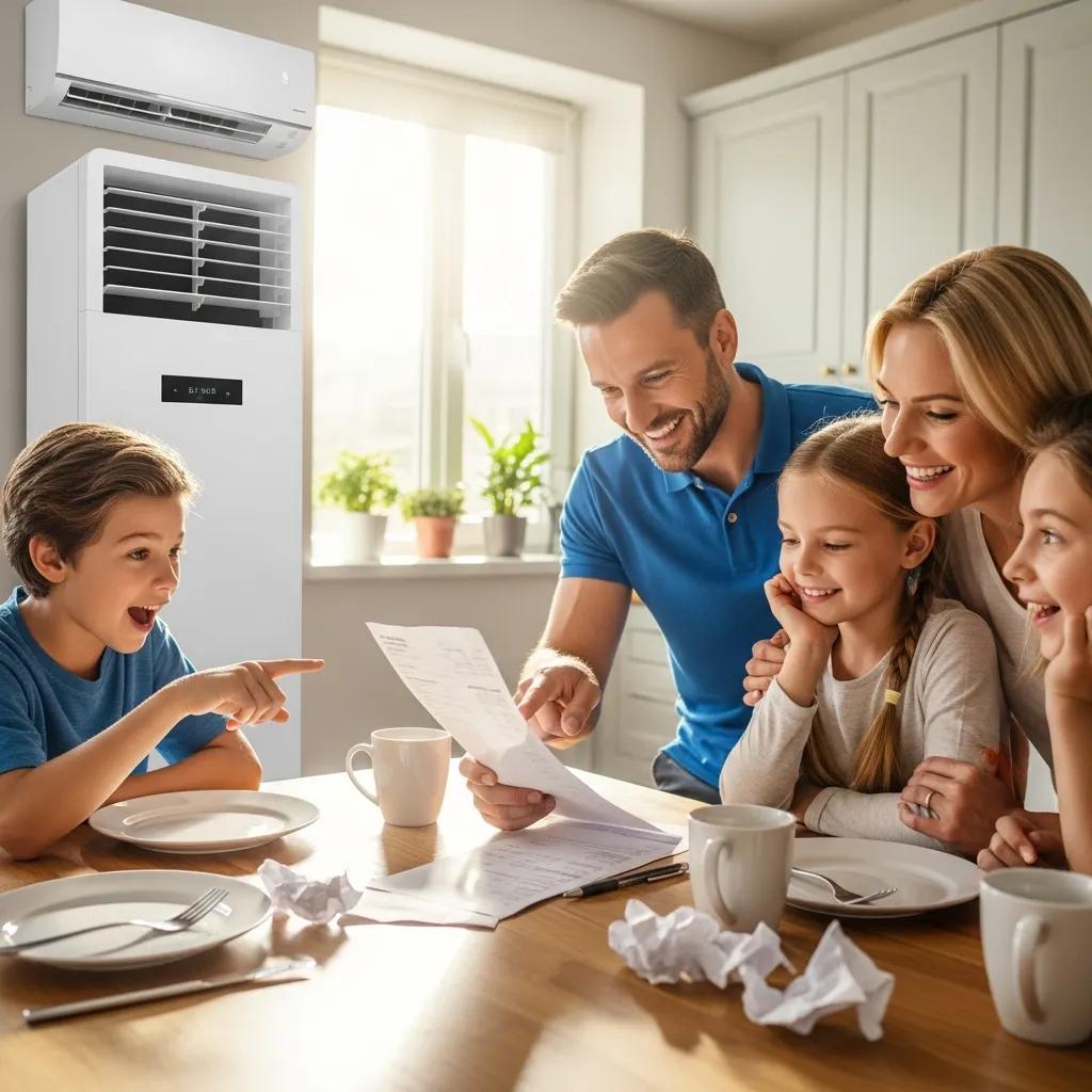 Benefits of Regular AC Maintenance & Tune-Ups Family reviewing energy bills, showcasing cost savings from AC maintenance