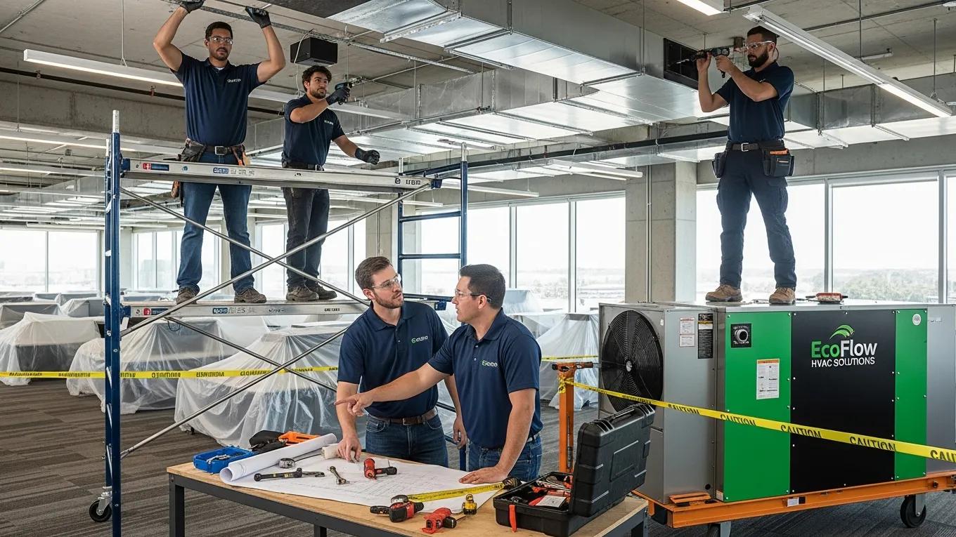 Commercial HVAC Repair, Installation & Maintenance HVAC professionals installing an energy-efficient system in a modern commercial building