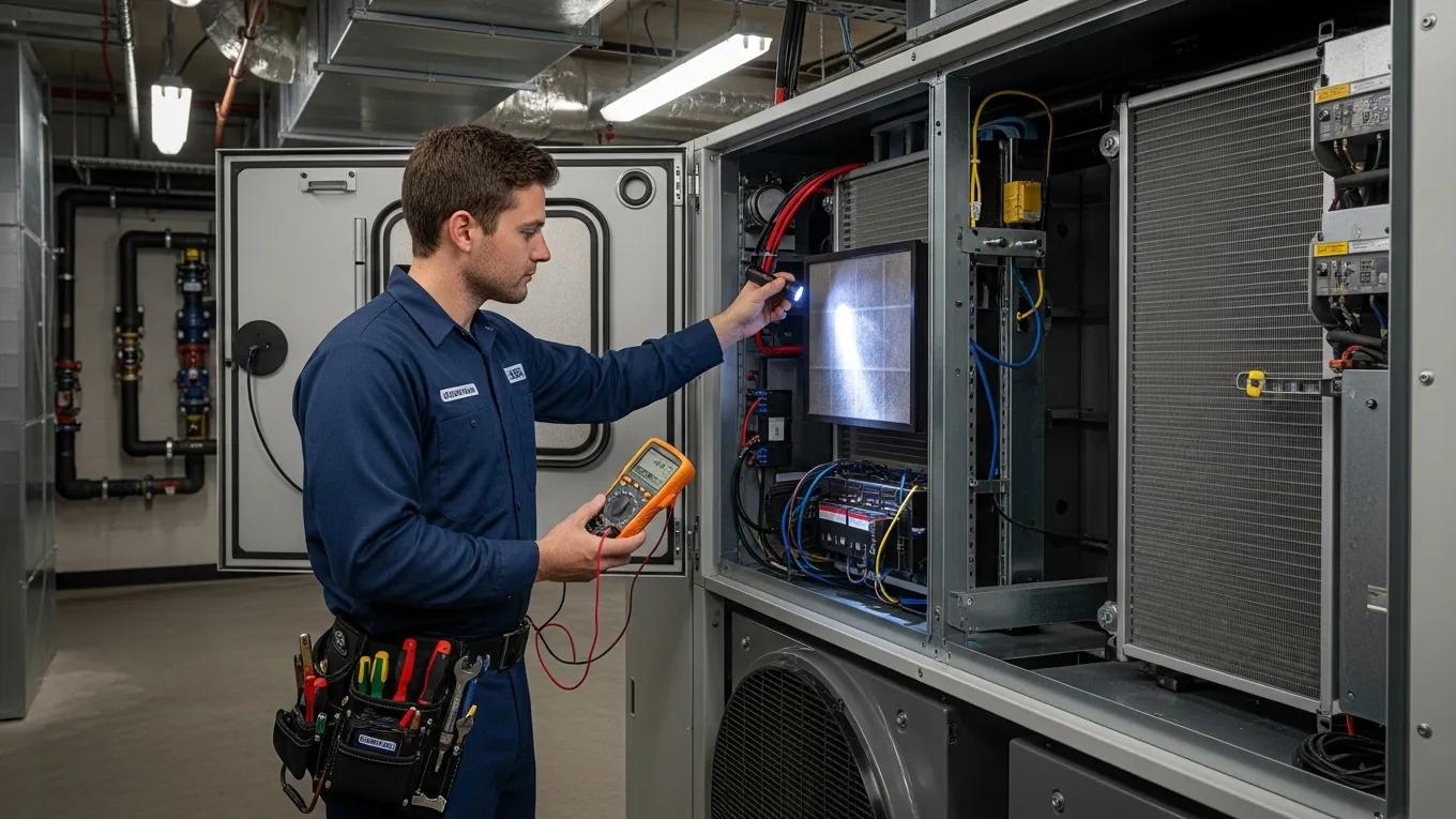 Commercial HVAC Repair, Installation & Maintenance HVAC technician conducting routine maintenance on a commercial HVAC unit in a mechanical room