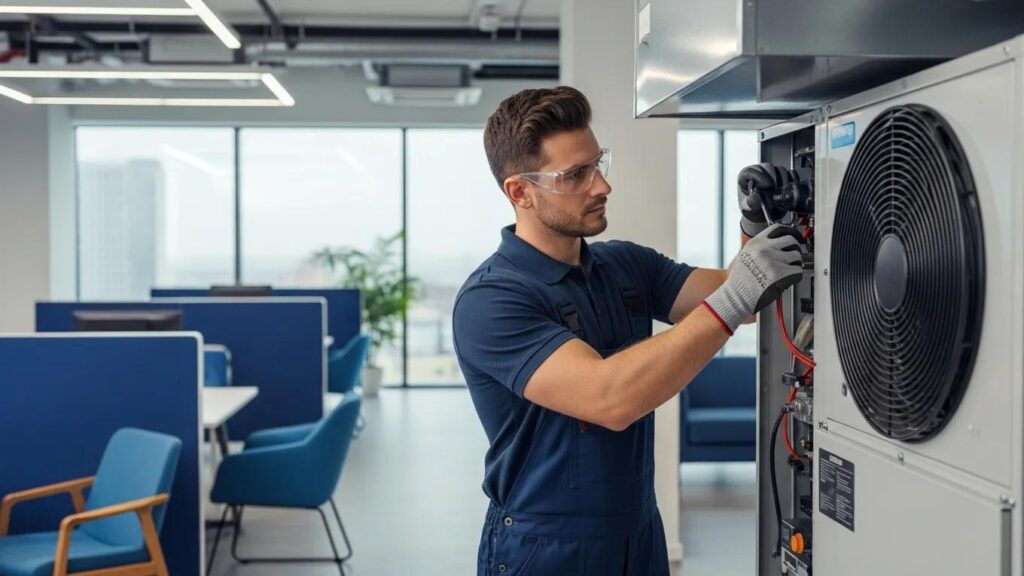 Professional HVAC technician servicing a commercial HVAC system in a business environment