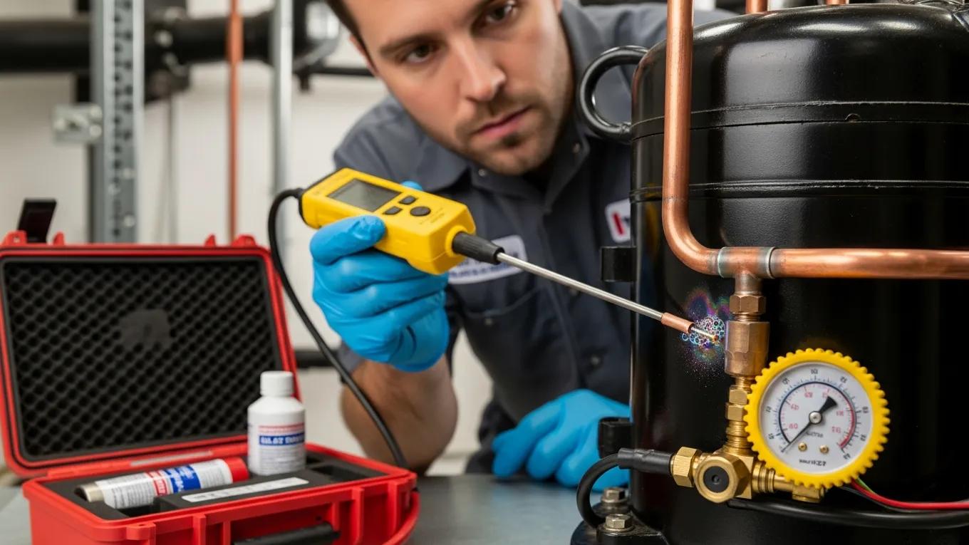 Understand HVAC Compressor Issues: Solutions & Tips HVAC technician inspecting compressor for refrigerant leaks and electrical issues