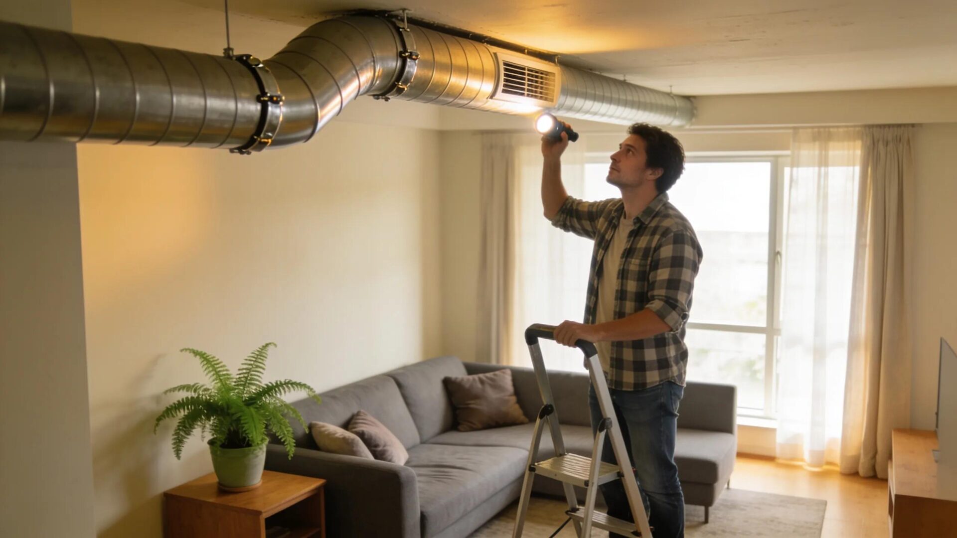 HVAC Blog Homeowner inspecting HVAC system in a modern living space