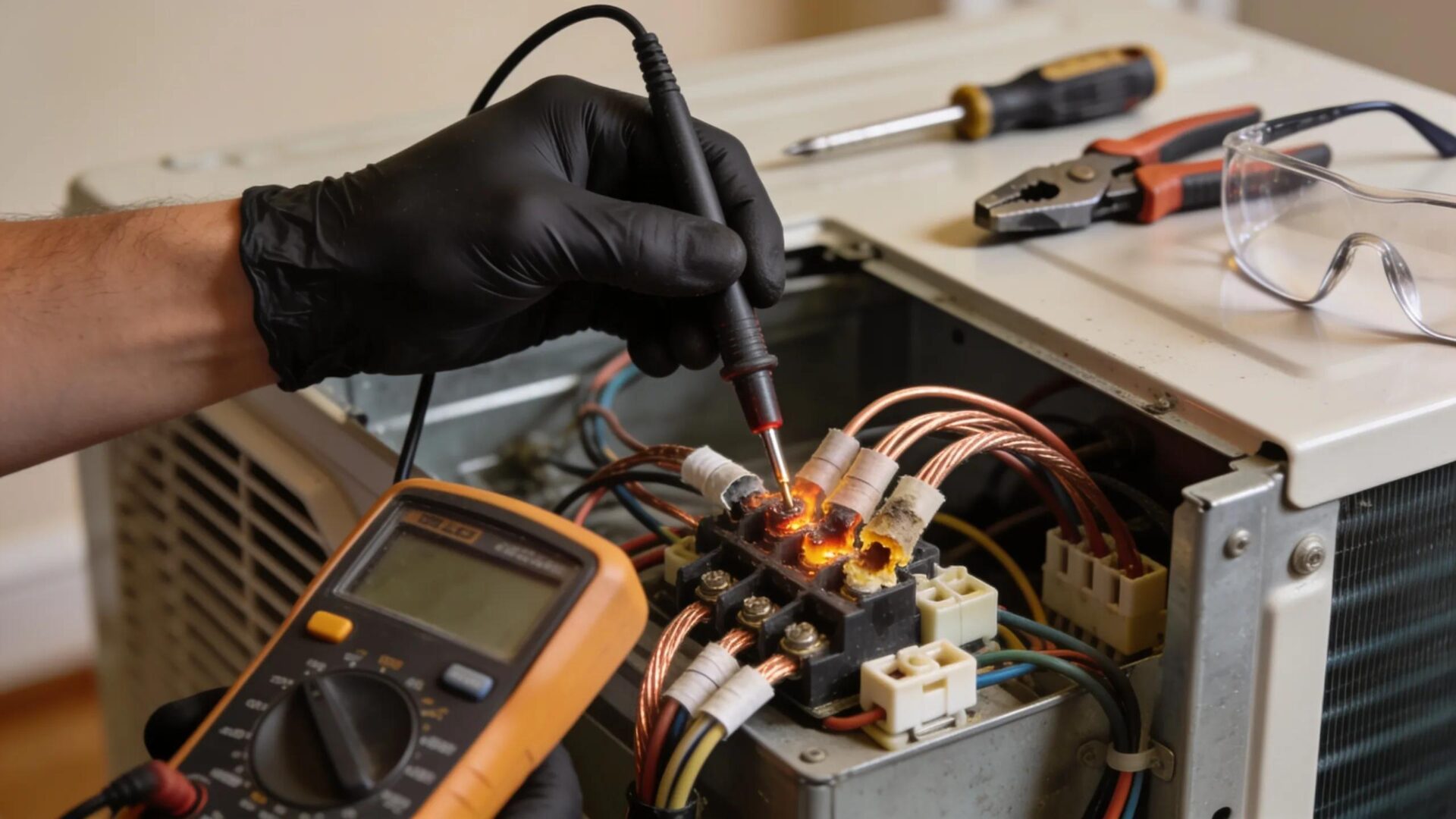 Strange HVAC Smells Explained: Odor Insights & Remedies Technician inspecting wiring for potential electrical hazards in HVAC system